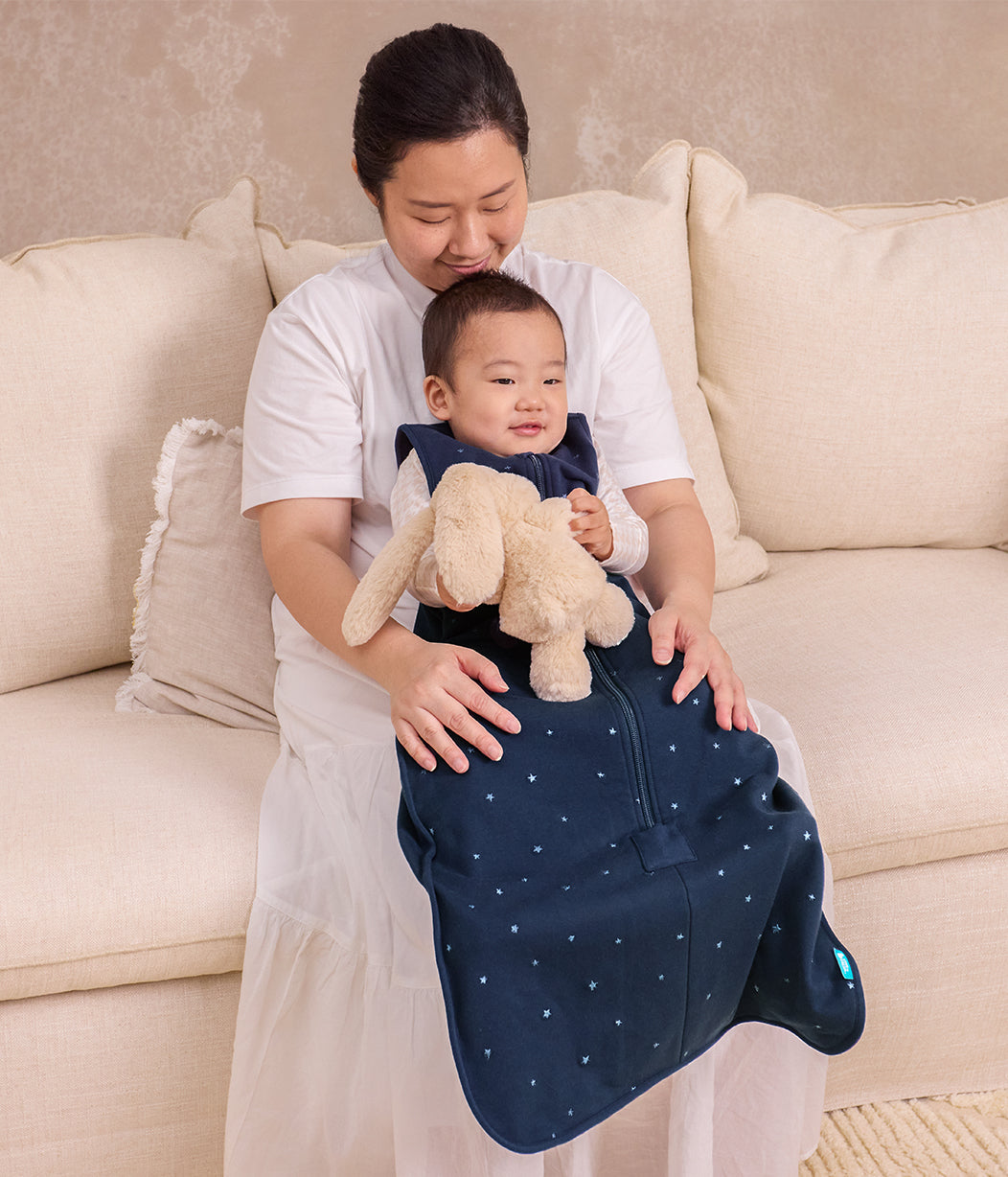 Schlafsack ärmellos 1.5 TOG Baumwollfleece Marineblau Gestickter Funkelstern