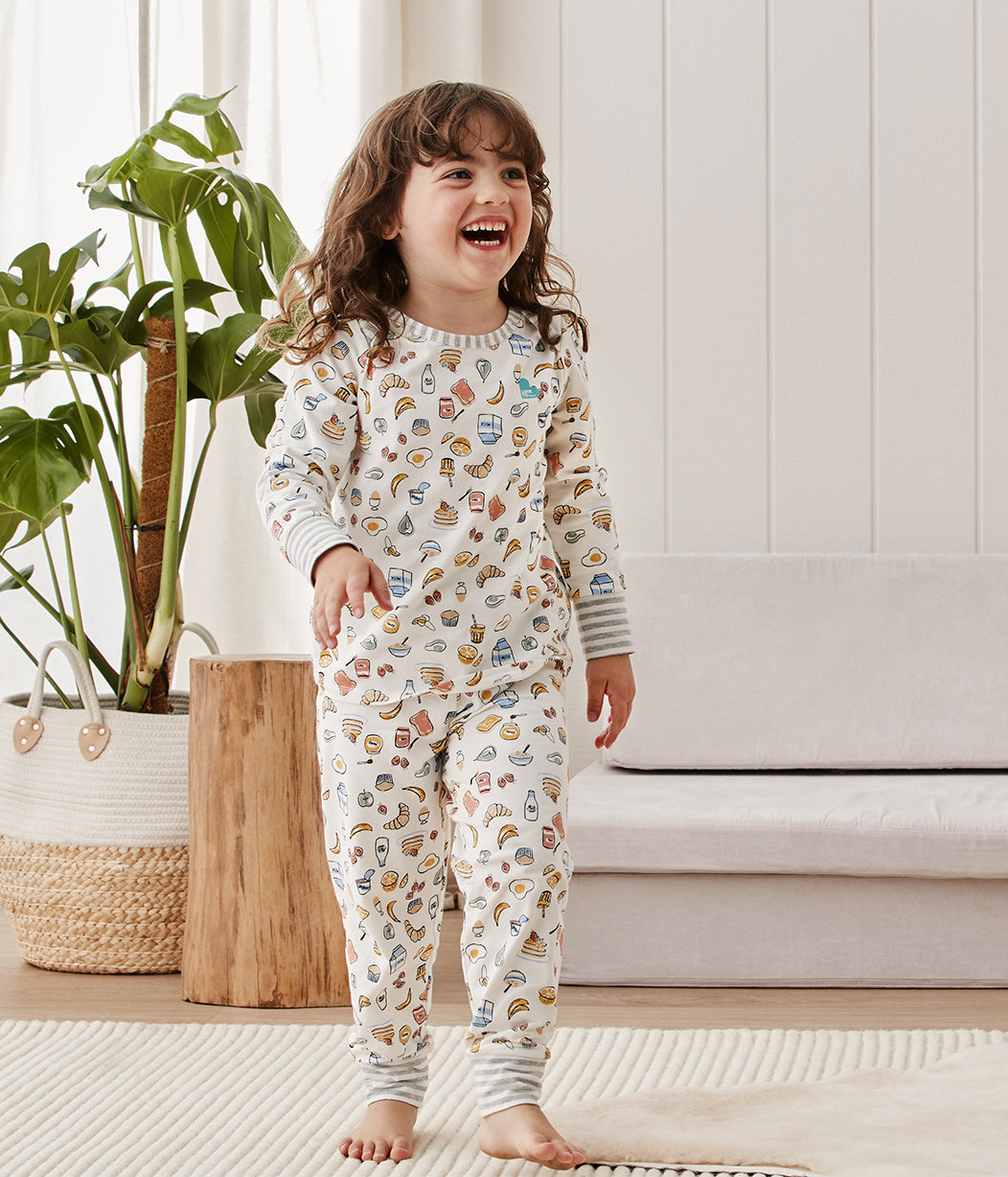 Kinder Langarm Pyjama-Set Weiß Frühstück Baumwolle