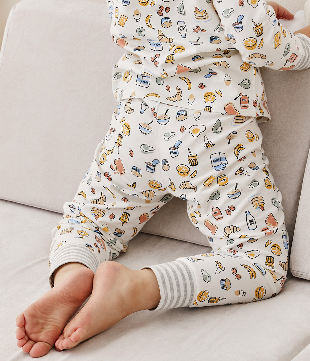 Kinder Langarm Pyjama-Set Weiß Frühstück Baumwolle