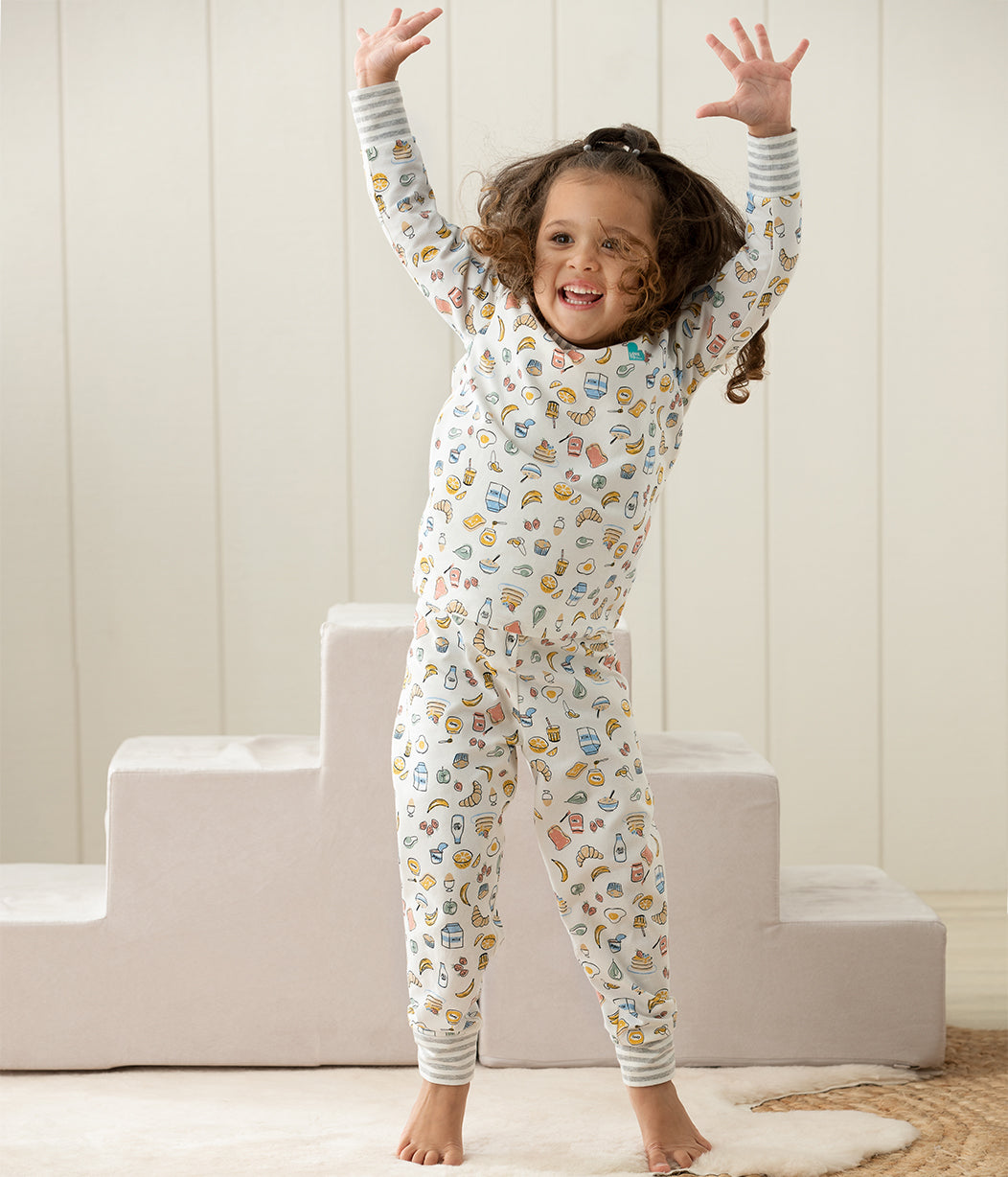 Kinder Langarm Pyjama-Set Weiß Frühstück Baumwolle