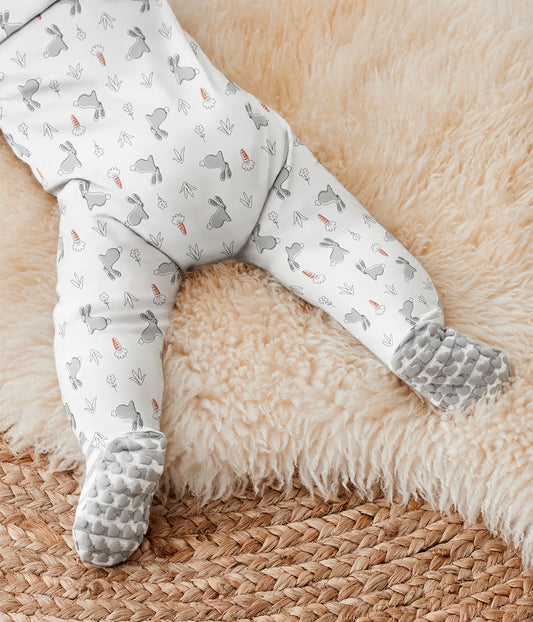 Enclosed Foot Romper Cotton White Bunny