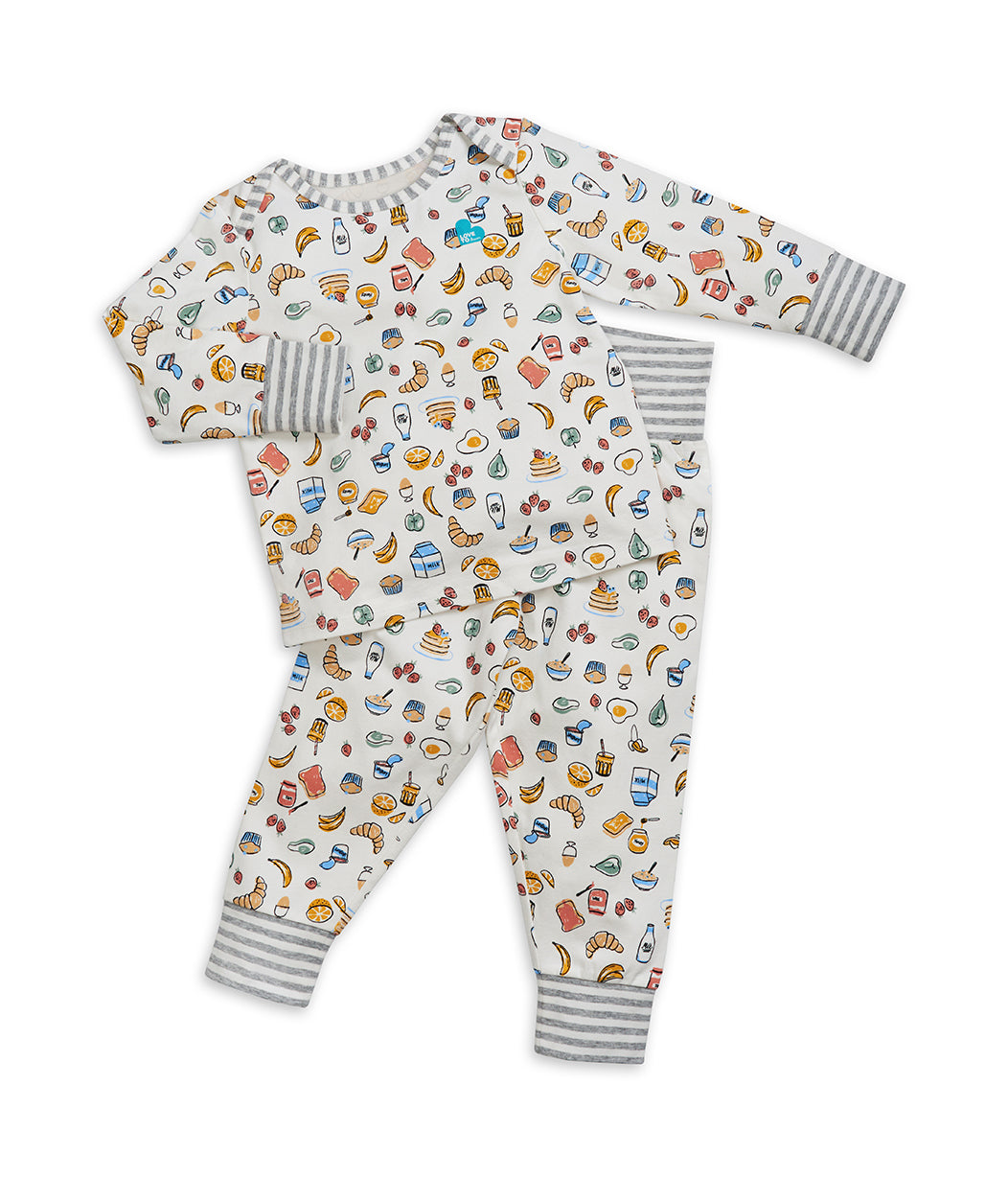 Kinder Langarm Pyjama-Set Weiß Frühstück Baumwolle