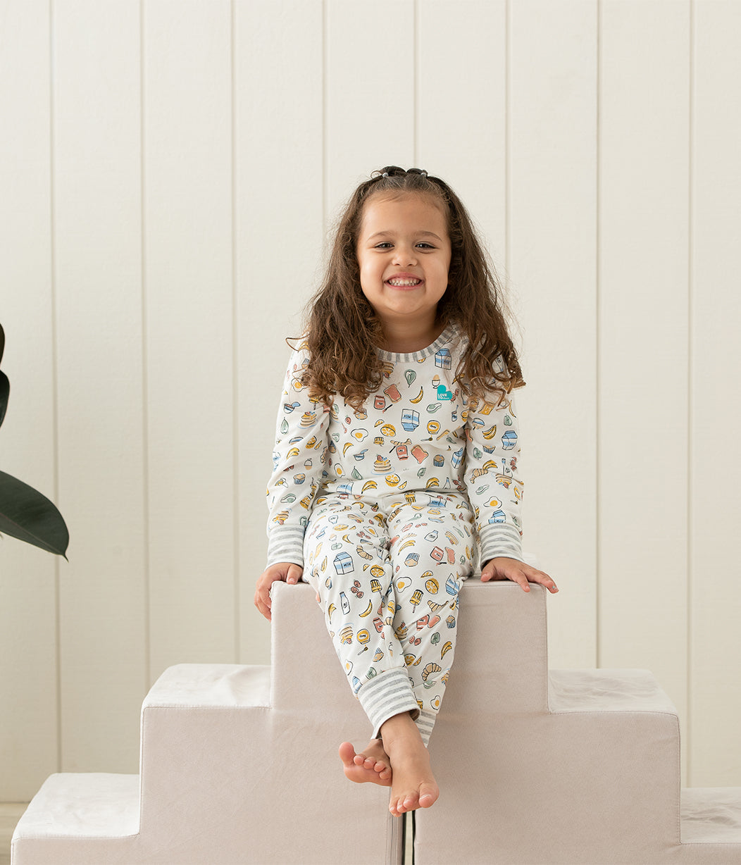 Kinder Langarm Pyjama-Set Weiß Frühstück Baumwolle